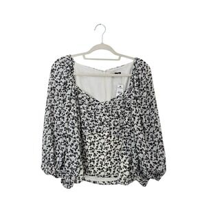 Express Floral Balloon Sleeve Blouse Women‎ Medium Black White New Square Neck